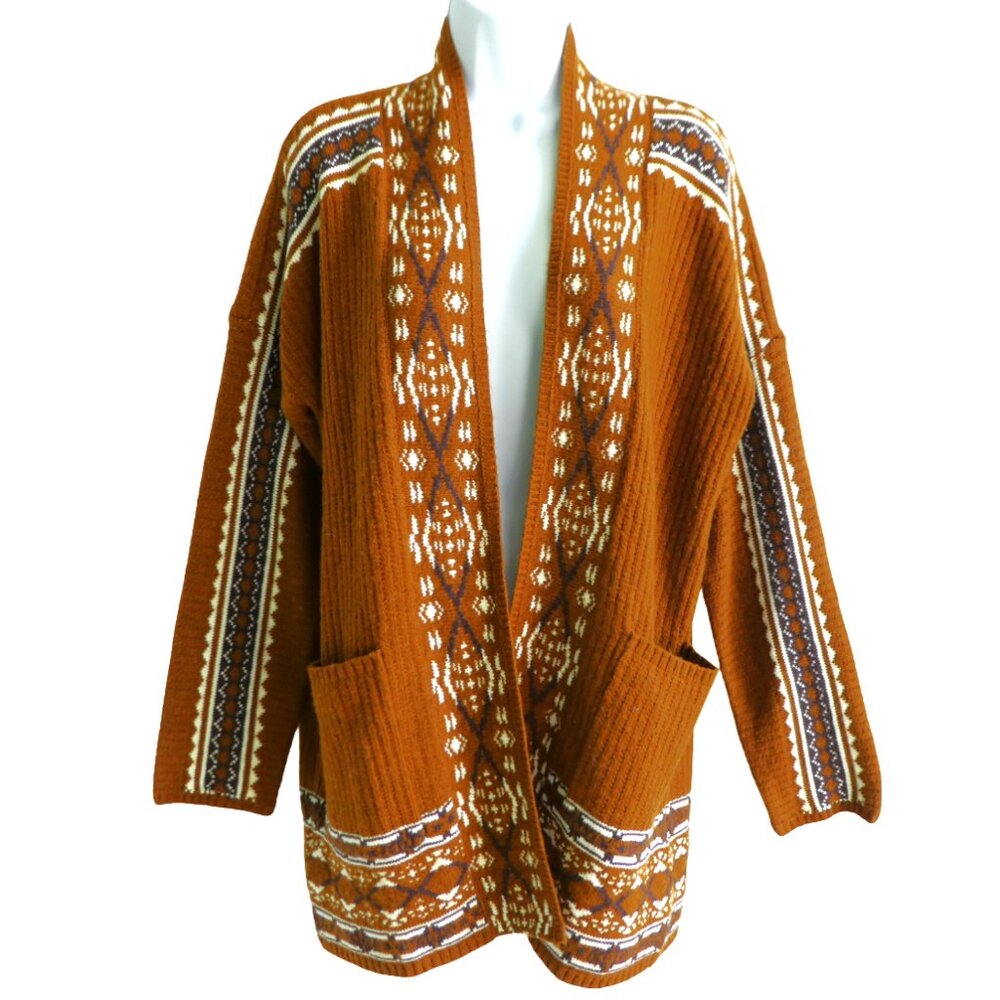 Vintage 90s Lucky Brand Aztec Long Cardigan Southwest Boho Brown Pockets Ribbed